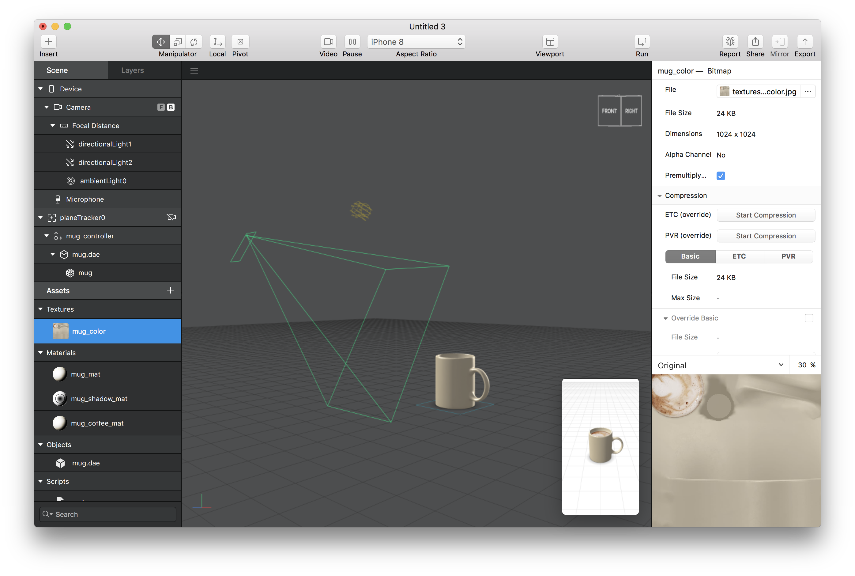 AR Studio running on macOS 10.12 Sierra. In the screenshot, you can see an example of a Plane Tracker with a mug.