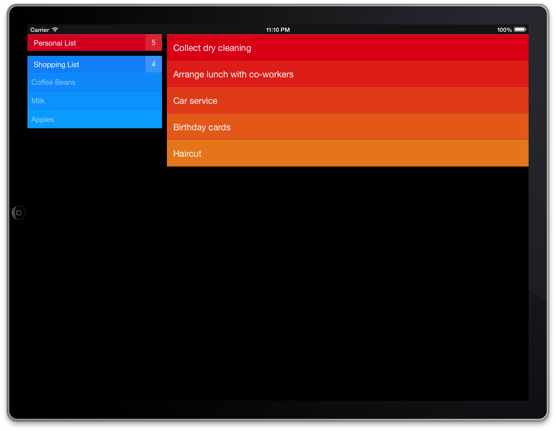 Clear+ running on the iPad Simulator. The tablet form factor allows us to display lists in a sidebar, together with a preview of the top three tasks underneath.