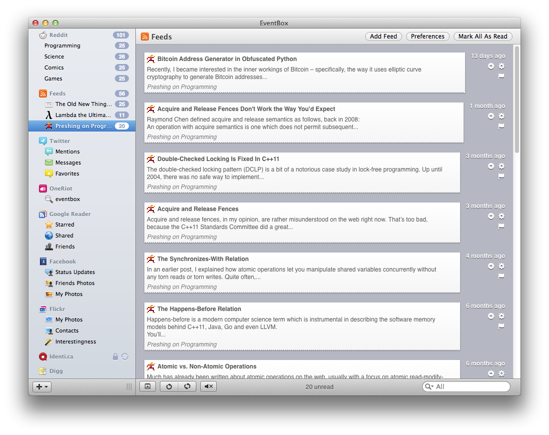 The interface of EventBox consisted of a classic macOS sidebar, coupled with a NSTableView-like main interface. EventBox was one of the first apps to utilise the brand-new Core Animation technology which debuted as part of macOS 10.5 Leopard. When new content arrived from the social networks, it would animate nicely instead of just popping in like other apps behaved at the time.